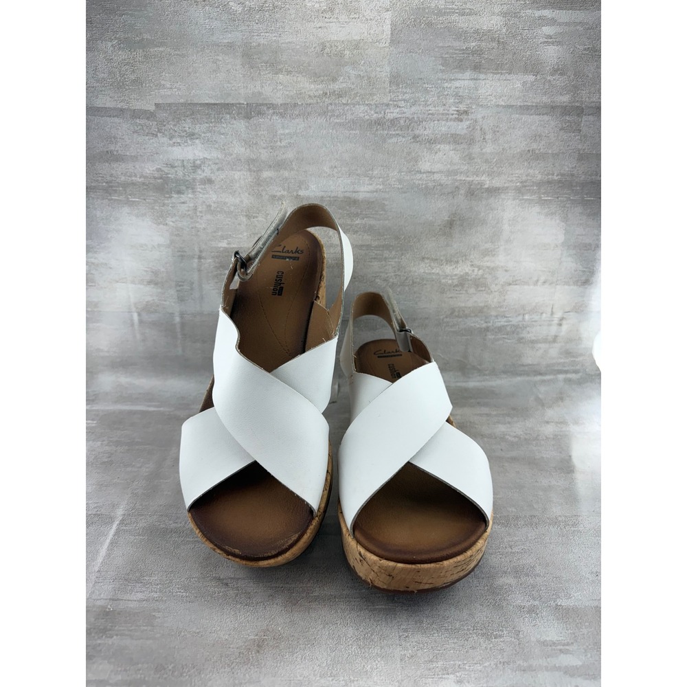 Clarks Maritsa Lara White Leather Cork Wedge Platform Sandals Women Sz 9.5M